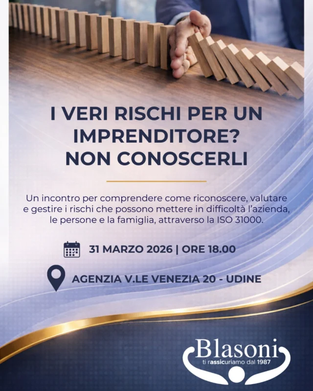𝙄 𝙫𝙚𝙧𝙞 𝙧𝙞𝙨𝙘𝙝𝙞 𝙥𝙚𝙧 𝙪𝙣 𝙞𝙢𝙥𝙧𝙚𝙣𝙙𝙞𝙩𝙤𝙧𝙚? 𝙉𝙊𝙉 𝙘𝙤𝙣𝙤𝙨𝙘𝙚𝙧𝙡𝙞

Molti imprenditori pensano di essere protetti.
La realtà è che spesso non sanno davvero 𝑑𝑎 𝑐𝑜𝑠𝑎 dovrebbero proteggersi.

E quando succede un imprevisto… è troppo tardi.

Oggi alle 𝟏𝟖.𝟎𝟎 𝐢𝐧 𝐚𝐠𝐞𝐧𝐳𝐢𝐚 𝐚 𝐔𝐝𝐢𝐧𝐞 parleremo proprio di questo:

✔️ Come riconoscere i rischi reali (non quelli “commerciali”)
✔️ Come valutarli in modo oggettivo
✔️ Come gestirli prima che diventino problemi

Non è un incontro sulle polizze.
È un incontro per imparare a 𝐧𝐨𝐧 𝐟𝐚𝐫𝐬𝐢 𝐭𝐫𝐨𝐯𝐚𝐫𝐞 𝐢𝐦𝐩𝐫𝐞𝐩𝐚𝐫𝐚𝐭𝐢.

📍 Viale Venezia 20 - Udine
🕕 Ore 18.00

👉Se anche tu sei un imprenditore, contattaci per avere maggiori informazioni

#BlasoniAssicurazioni #TiRAssicuriamoDal1987 #ISO31000 #GestioneDelRischio #FuturoSenzaSorprese